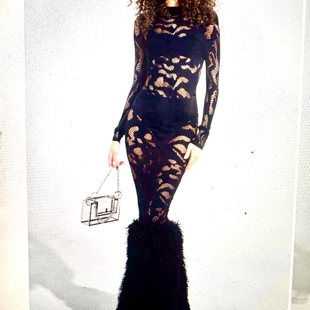 AKIRA Lace Soft Netting Maxi Dress with Fur Trim | Seamless Bodycon | One Size